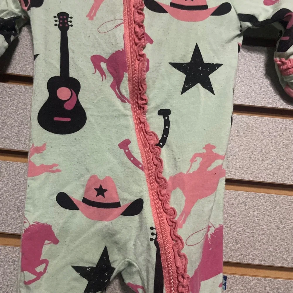 Kickee Pants Cowgirl Western Print Bamboo Ruffle‎ Footie Sleeper Mint Pink 0-3M